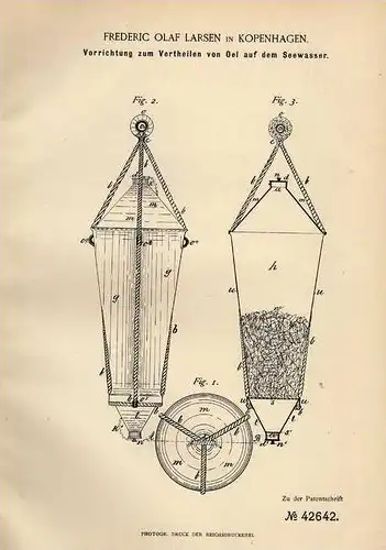 Original Patentschrift - Verteiler für Oel auf Seewasser , 1887 , F. Larsen in Kopenhagen !!!
