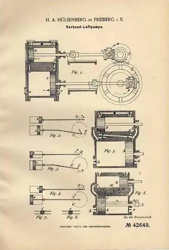 Original Patentschrift - H. Hülstenberg in Freiberg i.S., 1887 , Verbund - Luftpumpe , Kompressor !!!
