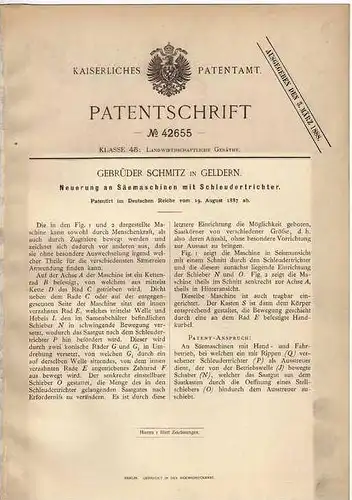 Original Patentschrift - Gebr. Schmitz in Geldern , 1887 , Säemaschine , Landwirtschaft , !!!