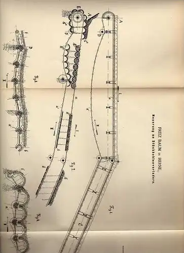 Original Patentschrift - F. Baum in Herne , 1887 , Förderband , Verladekette !!!