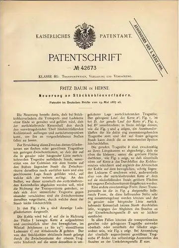 Original Patentschrift - F. Baum in Herne , 1887 , Förderband , Verladekette !!!