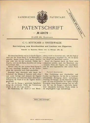 Original Patentschrift - C. Bötticher in Finsterwalde , 1887 , Abschneider und Locher für Cigarre , Zigarre !!!