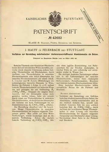 Original Patentschrift - J. Hauff in Feuerbach b. Stuttgart , 1887 , Herstellung v. Aluminiumsalz !!!
