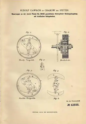 Original Patentschrift - R. Gawron in Grabow b. Stettin , 1887 , Hohlcylinder - Reibungskupplung !!!