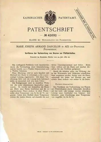 Original Patentschrift - Haare für Filz , 1887 , M. Dargelos in Aix en Provence , Filzen !!!