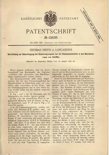 Original Patentschrift - Signale  von Kommandobrücke in Maschinenraum für Schiffe , 1887 , T. Smith in Lancashire !!!