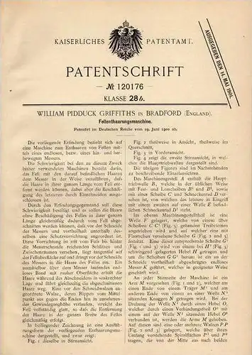 Original Patentschrift - Fellenthaarungsmaschine , 1900, W. Griffiths in Bradford , Schlachter , Wild , Schlachterei !!!
