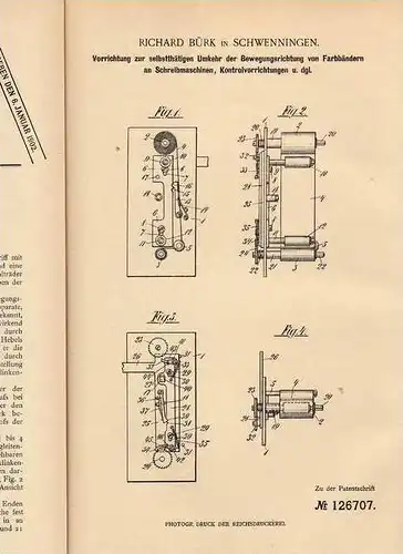 Original Patentschrift - R. Bürck in Schwenningen , 1900, Schreibmaschine Umkehrvorrichtung !!!