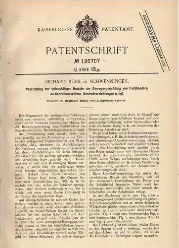 Original Patentschrift - R. Bürck in Schwenningen , 1900, Schreibmaschine Umkehrvorrichtung !!!