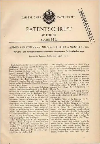 Original Patentschrift - N. Kieffer in Münster , 1900 , Bandbremse für Fahrzeuge , KFZ  !!!