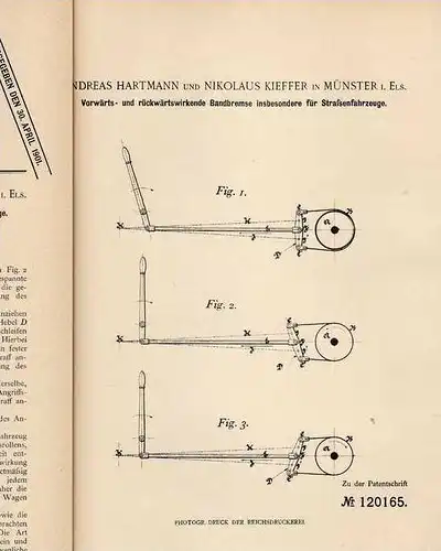 Original Patentschrift - N. Kieffer in Münster , 1900 , Bandbremse für Fahrzeuge , KFZ  !!!