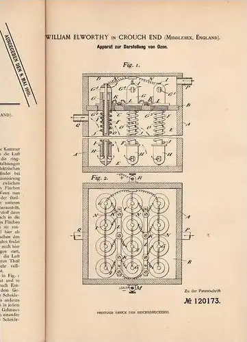 Original Patentschrift - Apparat zur Darstellung von Ozon , 1900 , W. Elworthy in Crouch End !!!