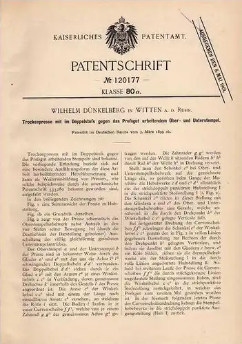 Original Patentschrift - W. Dünkelberg in Witten a.d. Ruhr , 1899 , Trockenpresse , Presse !!!