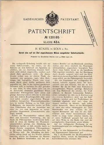 Original Patentschrift - Verkaufsapparat mit Pistole , 1900, H. Künzel in Köln !!!