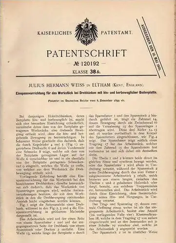 Original Patentschrift - Drehbank , 1899 , J. Weiss in Eltham , Kent in England !!!