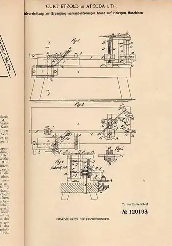 Original Patentschrift - C. Etzold in Apolda i. Th., 1899 , Hobelmaschine , Hobel , Tischlerei !!!