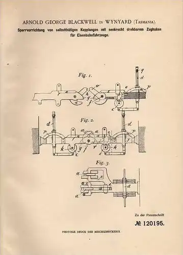 Original Patentschrift - A. Blackwell in Wynyard , Tasmania , 1900, Kupplung für Eisenbahn !!!
