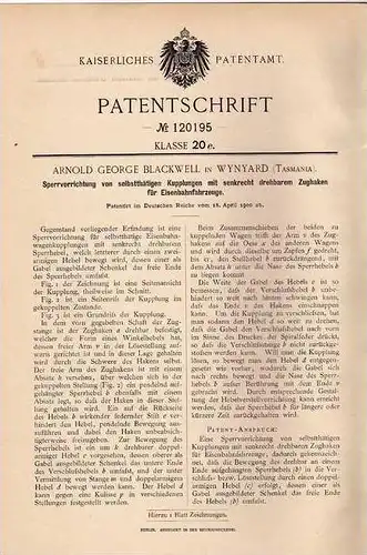 Original Patentschrift - A. Blackwell in Wynyard , Tasmania , 1900, Kupplung für Eisenbahn !!!