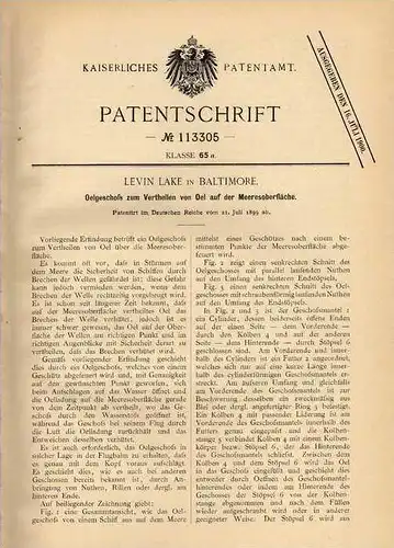 Original Patentschrift - Oelgeschoß zum Vertheilen von Öl im Meer , 1899 , L. Lake in Baltimore !!!