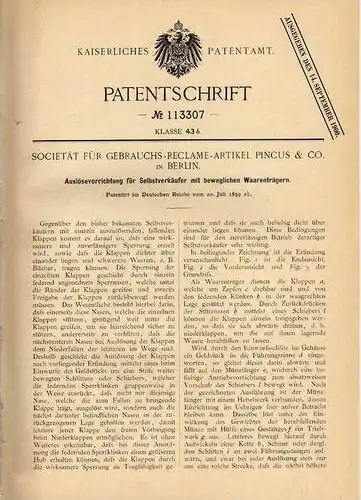 Original Patentschrift - Reclame Artikel Pincus & Co in Berlin , 1899 , Selbstverkäufer Apparat , Reklame !!!