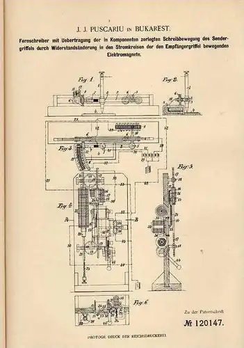 Original Patentschrift - J. Puscariu in Bukarest , 1900 , Fernschreiber , Telegraph , Telegraphie !!!