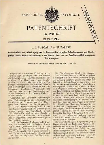 Original Patentschrift - J. Puscariu in Bukarest , 1900 , Fernschreiber , Telegraph , Telegraphie !!!