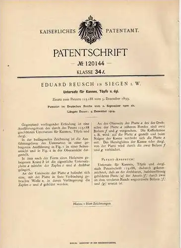 Original Patentschrift - E, Reusch in Siegen i.W. , 1900 , Untersatz für Kanne , Topf usw. , Geschirr !!!