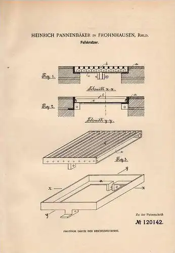 Original Patentschrift - H. Pannenbäker in Frohnhausen , 1900 , Fußkratzer , Abtreter , Hauseingang !!!