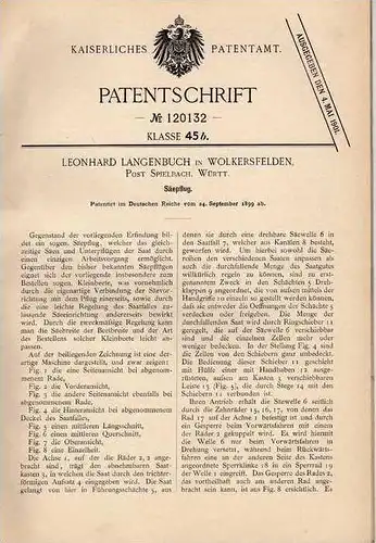 Original Patentschrift - L. Langenbuch in Wolkersfelden ,Post Spielbach ,1899, Saepflug, Agrar , Pflug , Landwirtschaft