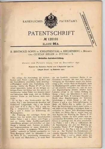 Original Patentschrift - G. Hiller in Johannesthal und Zittau , 1900 , Webstuhl , Webketten , Weberei !!!