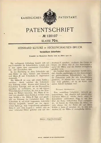 Original Patentschrift - R. Klitzke in Recklinghausen - Bruch , 1900 , Federhalter , Feder  !!!