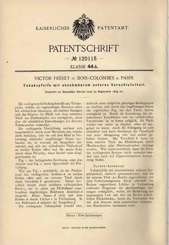 Original Patentschrift - V. Fréret in Bois-Colombes , 1899 , sifflement de tabac à pipe du tabac !!!