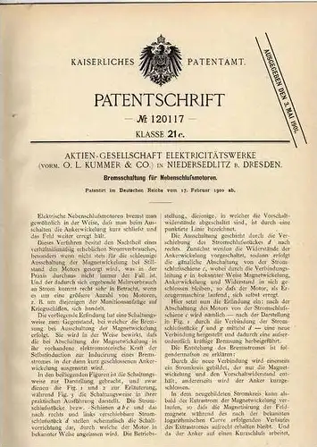 Original Patentschrift - Elektricitätswerke in Niedersedlitz , 1900 , Bremsschaltung für Motoren !!!