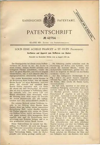 Original Patentschrift - L. Prangey in St. Ouen , 1887 , Apparat zum Raffinieren von Zucker , Raffinerie !!!