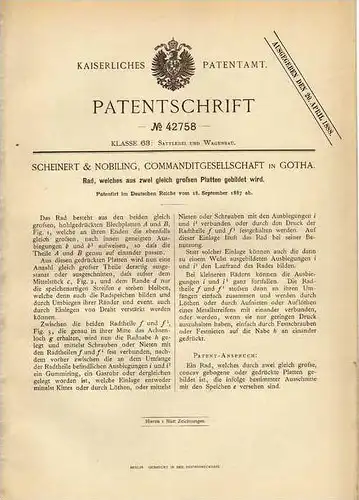 Original Patentschrift - Scheinert & Nobiling in Gotha , 1887 , Rad aus zwei Platten !!!