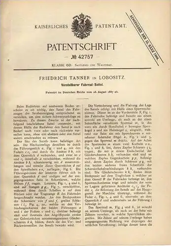 Original Patentschrift - F. Tanner in Lobositz , 1887 , verstellbarer Sattel für Fahrrad !!!