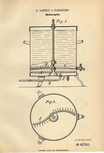 Original Patentschrift - D. Ahrens in Elmshorn , 1887 , Kochgefäß für Milch !!!