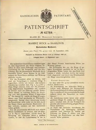 Original Patentschrift - M. Hock in Saarlouis , 1886 , Mechanisches Musikwerk , Jukebox , Musik !!!