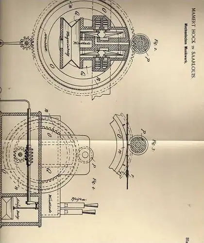 Original Patentschrift - M. Hock in Saarlouis , 1886 , Mechanisches Musikwerk , Jukebox , Musik !!!