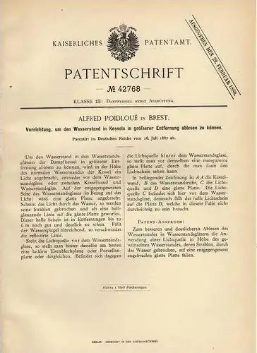 Original Patentschrift - A. Poidloue in Brest , 1887 , Wasserstandsanzeiger für große Entfernungen !!!