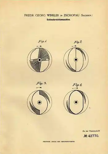 Original Patentschrift - F.Winkler in Zschopau , 1886 , Schleudersichtemaschine !!!