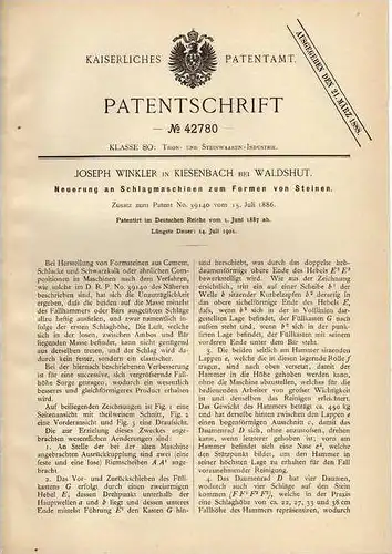 Original Patentschrift - J. Winkler in Kiesenbach b. Waldshut , 1887 , Schlagmaschine zum formen v. Steinen !!!