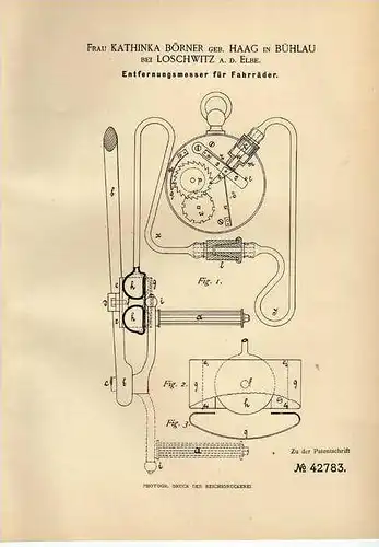 Original Patentschrift - K. Börner in Bühlau bei Loschwitz , 1887 , Entfernungsmesser für Fahrrad , bicycle , Dresden !!