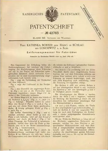 Original Patentschrift - K. Börner in Bühlau bei Loschwitz , 1887 , Entfernungsmesser für Fahrrad , bicycle , Dresden !!