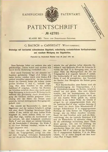 Original Patentschrift - G. Bausch in Cannstatt , 1887 , Steinsäge !!!