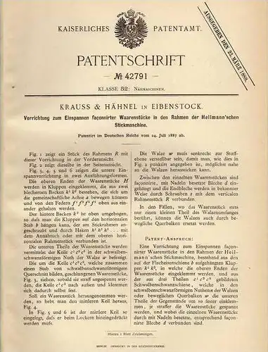 Original Patentschrift - Krauss & Hähnel in Eibenstock , 1887 , Stickmaschine , Stickerei !!!