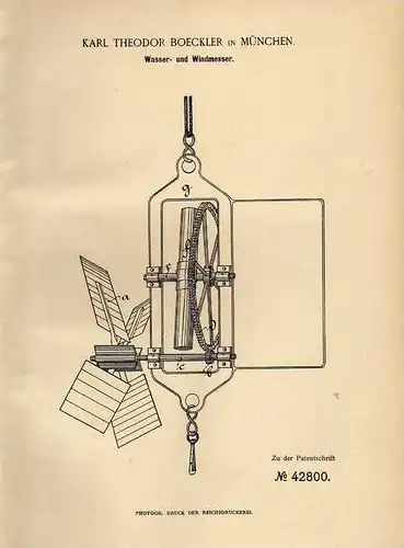 Original Patentschrift - K. Boeckler in München , 1887 , Wasser- und Windmesser !!!