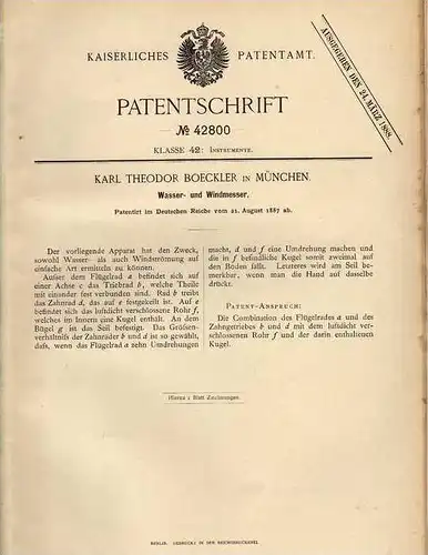 Original Patentschrift - K. Boeckler in München , 1887 , Wasser- und Windmesser !!!