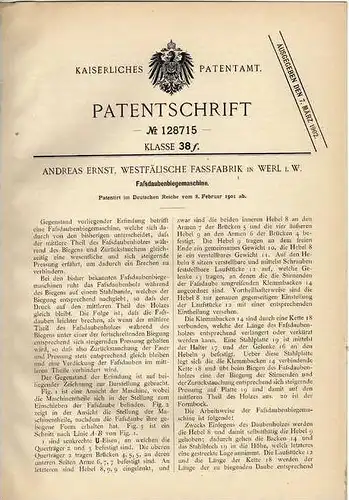 Original Patentschrift - Westfäl. Fassfabrik in Werl , 1901, Biegemaschine für Faßdauben !!!