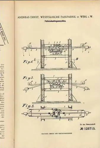 Original Patentschrift - Westfäl. Fassfabrik in Werl , 1901, Biegemaschine für Faßdauben !!!